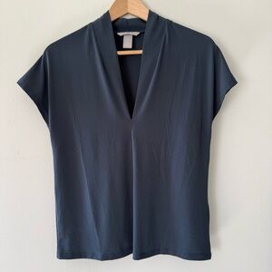 H&M Dusty Blue V-Neck Cap Sleeve Top Parisian Chic Modern Minimalist Quiet Luxe